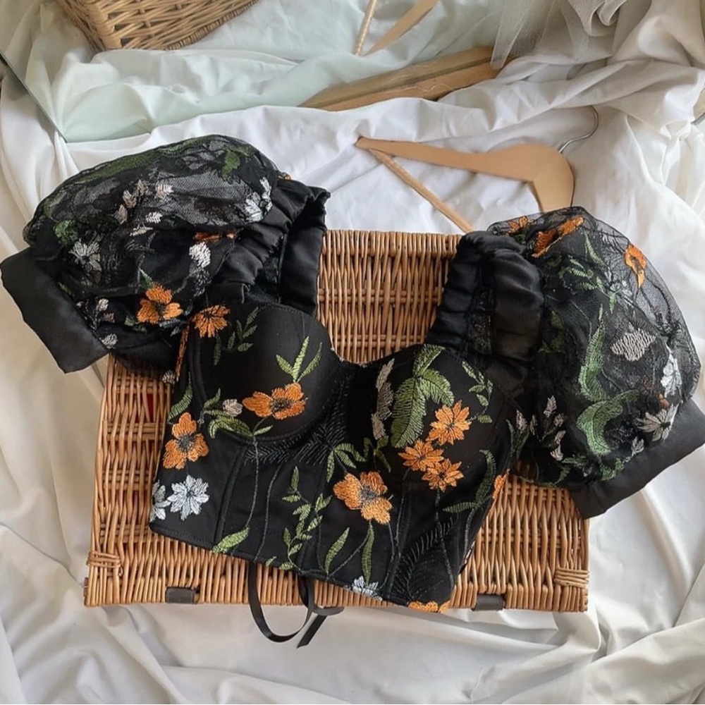 Floral Embroidered Black Corset Top